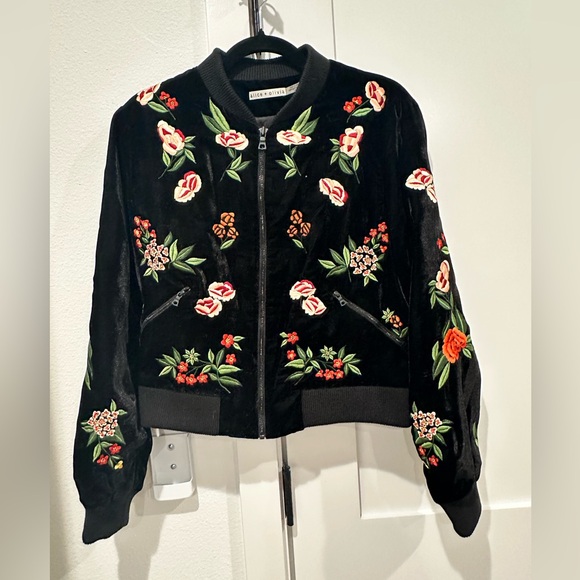 Alice + Olivia Black Bomber Jacket with Floral Embroidery - Picture 2 of 6